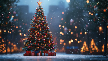 A beautifully decorated Christmas tree stands amidst falling snow, showcasing colorful ornaments and a bright star. Gifts surround the base, creating a magical holiday scene.の素材