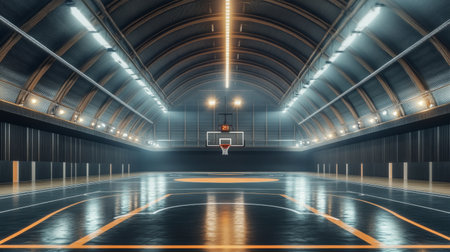 A modern indoor basketball court featuring sleek design and ambient lighting. The spacious arena is empty, showcasing polished hardwood flooring and a vibrant atmosphere.の素材