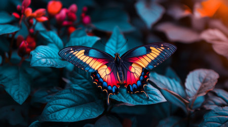 A stunning vibrant butterfly rests gracefully on lush green leaves, showcasing its intricate patterns and vivid colors. Ideal for nature lovers and wildlife enthusiasts.の素材