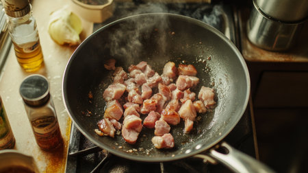 Close-up shot of chopped meat cooking in a skillet, surrounded by herbs and spices. The sizzling sounds and rich aroma create a warm kitchen atmosphere.の素材