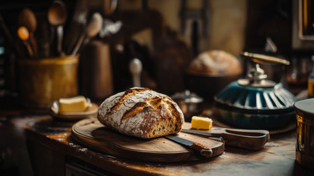 A beautifully baked rustic bread loaf rests on a wooden cutting board in a warm kitchen setting. The scene captures the essence of homemade culinary art with kitchen utensils and butter nearby.の素材