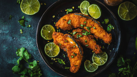 This image features crispy fried fish fillets beautifully arranged on a dark plate, accented with fresh lime slices and garnished with cilantro, ideal for culinary inspiration.の素材