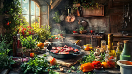 A charming rustic kitchen scene featuring a skillet of cooking meat, fresh vegetables, and herbs, illuminated by warm sunlight through a window, creating a delightful culinary atmosphere.の素材