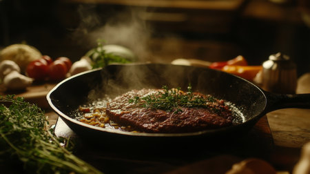 A mouthwatering scene of sizzling meat in a cast iron skillet, emanating steam and surrounded by fresh vegetables and herbs, showcasing culinary artistry.の素材