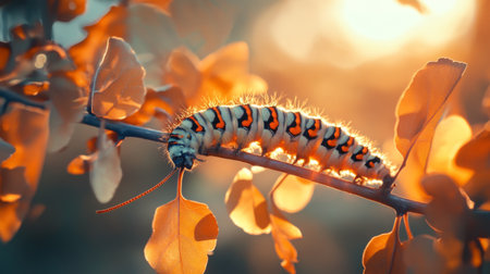 A colorful caterpillar rests on a branch surrounded by leaves, illuminated by warm sunlight during sunset. The image captures intricate details and textures of the insect.の素材