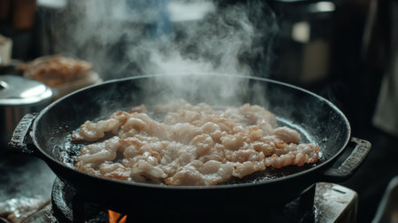 A close-up view of meat sizzling in a black frying pan. Steam rises, creating a delicious aroma. The cooking process captures the essence of culinary art and gourmet flavor.の素材