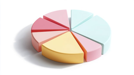 This image features a colorful pie chart composed of pastel segments arranged on a white background, ideal for data visualization and presentation needs.の素材