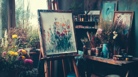 Vibrant artistic studio featuring a flower painting on an easel amidst colorful craft supplies. A serene and inspiring environment for creativity.の素材