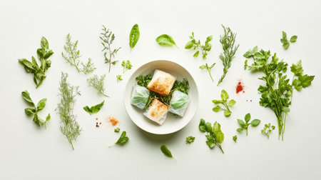 A vibrant arrangement of fresh herbs and spring rolls showcases healthy ingredients, perfect for culinary presentations and food photography.の素材