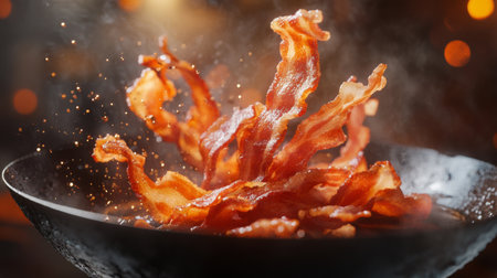 A vibrant image of crispy bacon strips frying in a pan, with smoke and splatter adding a dynamic element. Perfect for food enthusiasts and culinary projects.の素材
