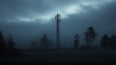 A solitary cell tower stands against a foggy backdrop at dusk, surrounded by dark clouds and trees, creating an eerie and tranquil atmosphere.の素材