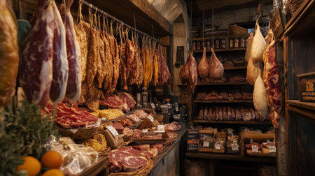 A vibrant market stall filled with an array of cured meats, showcasing traditional butcher techniques. The rustic setting enhances the aesthetic appeal of the artisanal products.の素材