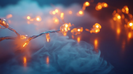 A close-up view of orange string lights glowing softly against a smoky background, creating a warm and inviting atmosphere perfect for celebrations.の素材