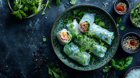 Delight in these vibrant fresh spring rolls filled with colorful vegetables and fragrant herbs, ideal for a healthy snack or appetizer presentation.の素材