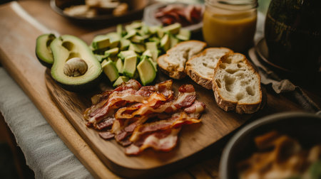A mouthwatering breakfast spread featuring crispy bacon, creamy avocado, and fresh slices of toast beautifully arranged on a wooden table, perfect for any meal.の素材