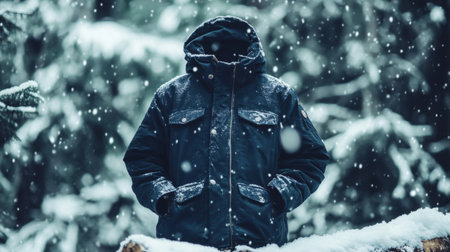 A solitary figure in a winter jacket stands amidst falling snow in a serene forest. The tranquil scene captures the essence of cold weather and cozy attire.の素材