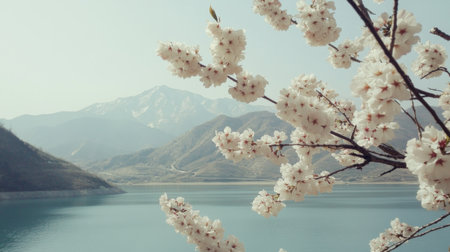 A tranquil landscape featuring blooming cherry blossoms framing a serene lake with majestic mountains in the background. Perfect for nature lovers.の素材
