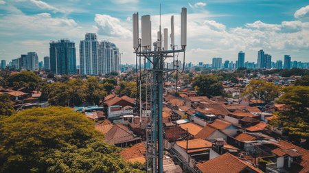 Stunning aerial image showcasing a cellular tower amidst a vibrant urban landscape, blending modern skyscrapers with traditional homes under a bright sky.の素材