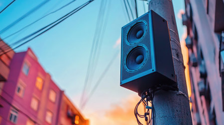 A captivating urban scene showcasing speakers mounted on a utility pole, framed by a stunning sunset sky, representing street culture and modern city life.の素材