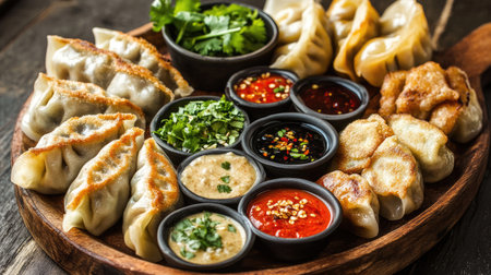 A vibrant assortment of dumplings elegantly arranged on a wooden platter, accompanied by various dipping sauces and fresh cilantro for a delightful culinary experience.の素材
