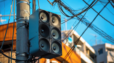 This image captures a pair of large outdoor speakers mounted on a utility pole against a stunning blue sky, showcasing urban life and infrastructure.の素材
