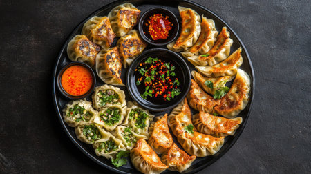 An enticing assortment of dumplings arranged on a black platter, showcasing a variety of flavors and colors, complete with delightful dipping sauces for an unforgettable culinary experience.の素材