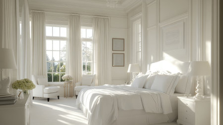 A serene and bright white bedroom featuring soft fabrics, stylish furniture, and tasteful decor. Natural light floods the space, creating a peaceful and inviting atmosphere ideal for relaxation.の素材