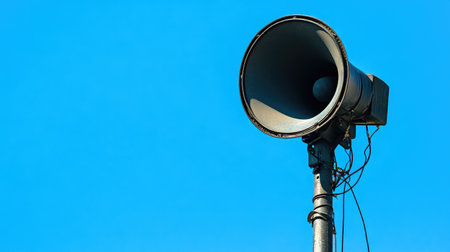 A prominent loudspeaker stands tall on a pole, set against a vibrant blue sky, symbolizing communication technology and the power of sound in an outdoor setting.の素材