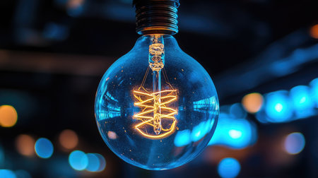 A close-up view of a glowing vintage light bulb with exposed filament, set against a dark background. This image evokes nostalgia and warmth, ideal for decor or design projects.の素材