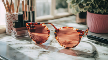 A stylish pair of oversized tortoiseshell sunglasses rests elegantly on a marbled surface, surrounded by beauty products, evoking a sense of chic summer fashion.の素材