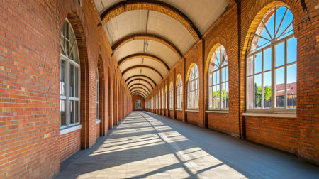 A spacious corridor showcasing stunning arching windows and warm brick walls. Inviting light and shadows create an uplifting atmosphere perfect for exploration.の素材