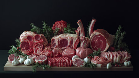 A vibrant display of various fresh meat cuts accompanied by herbs and garlic on a wooden cutting board, ideal for culinary presentations and gourmet recipes.の素材