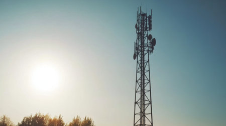 A tall communication tower rises against a clear blue sky, capturing sunlight. This modern structure symbolizes technological advancement and connectivity in rural areas.の素材