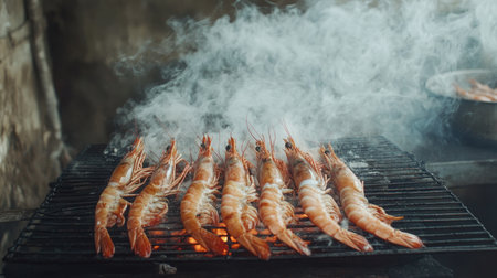 Close-up view of succulent shrimp grilling over an open flame, producing aromatic smoke. Ideal for illustrating outdoor cooking or seafood cuisine. Perfect for food lovers.の素材