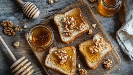 Enjoy a cozy scene featuring toast generously topped with honey and walnuts, perfect for a nutritious breakfast or a delightful snack on a rustic wooden board.の素材