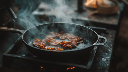 A mouthwatering scene of crispy bacon sizzling in a cast iron skillet, with wisps of smoke rising, perfect for breakfast lovers and culinary enthusiasts.の素材
