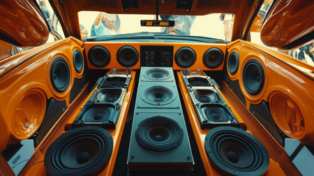 A striking interior view of a custom orange car audio system featuring multiple speakers and impressive sound technology, showcasing vibrant design and craftsmanship.の素材