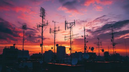 A captivating sunset scene featuring a vibrant urban skyline with silhouetted antennas against a stunning backdrop of colorful skies in purple and orange shades.の素材