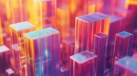 A vibrant and abstract depiction of colorful geometric structures illuminated with light, creating a dynamic and modern visual experience suitable for various creative projects.の素材