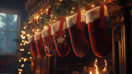 Celebrate the spirit of the holiday with this enchanting scene of a beautifully decorated fireplace, featuring vibrant stockings and twinkling lights. Perfect for festive themes!の素材