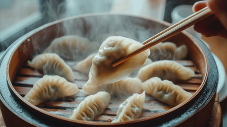 This captivating image showcases freshly steamed dumplings held with chopsticks, radiating warmth and flavor, perfect for illustrating the beauty of Asian culinary traditions.の素材
