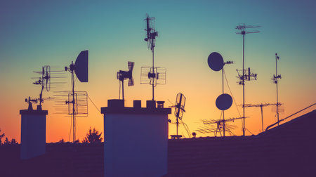 A stunning view of various rooftop antennas outlined by a colorful sunset sky, showcasing the blend of technology and nature in an urban environment.の素材