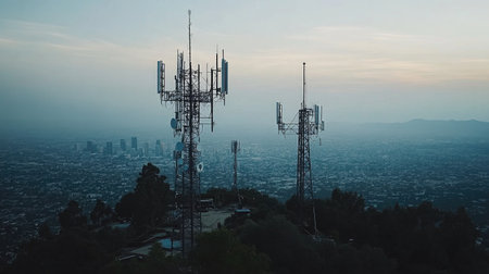 A stunning aerial view of towering communication towers set against a sprawling city skyline at twilight, highlighting the blend of technology and nature in an urban environment.の素材