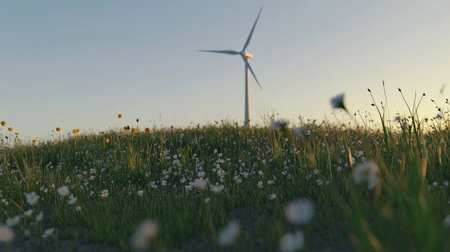 A picturesque wind turbine stands in a vibrant meadow of wildflowers, highlighting the beauty of nature and the importance of sustainable energy in the warm light of sunset.の素材
