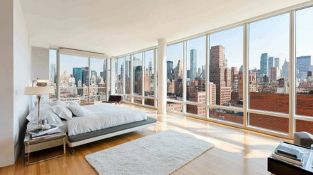 Bright and spacious modern bedroom featuring large windows with stunning city views, sleek furniture, and a minimalistic design that promotes relaxation and comfort.の素材