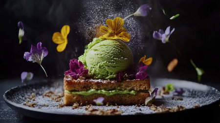 A stunning dessert featuring green ice cream and edible flowers, artfully presented on a dark plate, highlighting culinary creativity and vibrant flavors.の素材