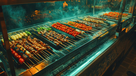 A lively night market scene featuring a diverse display of grilled skewers. The food stall showcases meat and vegetable options, inviting all to enjoy delicious street cuisine.の素材