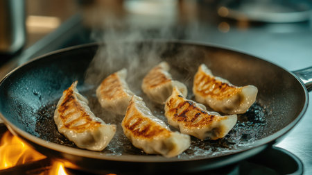 Sizzling dumplings in a hot pan create an appetizing scene, with steam rising and crispy edges showcasing a delightful culinary moment. Perfect for any food lover!の素材