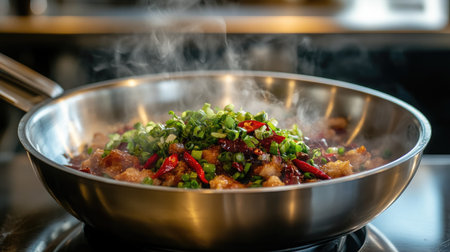 Captivating image showcasing a vibrant stir-fried dish with fresh onions and peppers, releasing steam that heightens the appetite. Ideal for culinary inspiration.の素材