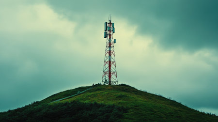 A striking visual of a communication tower atop a green hill, surrounded by a dramatic sky. This image captures the essence of technology's integration with nature.の素材